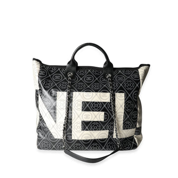 Top Quality Chanel Black and Beige Coated Leather/canvas and Leather Camellia & CC Print Shopper Tot