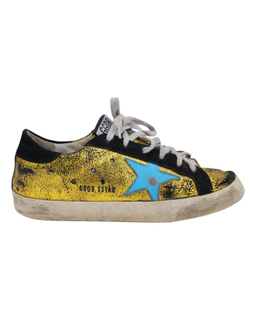 Golden Goose Crinkled Superstar Sneakers in Gold Leather