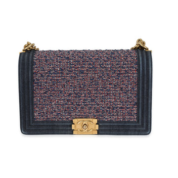 Top Quality Chanel Blue Leather/denim & Multicolor Boucle New Medium Boy Bag