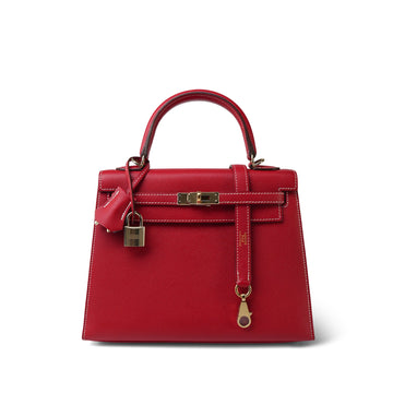 Kelly Sellier 25 Bi-Color Rouge Casaque/Bleu Thalassa leather White Stitching  [P] Stamp