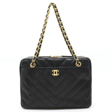 Chanel Chevron Leather Coco Mark 2way Chain Bag Black Gold Hardware