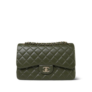 Dark Green leather Quilted Quilted Jumbo Classic Flap Light Gold Hardware