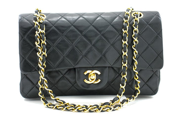 CHANEL Classic Double Flap 10" Chain Shoulder Bag Black Leather i65