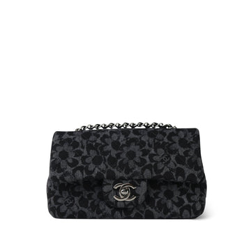 Black Floral Denim Quilted Mini Rectangular Flap Silver Hardware