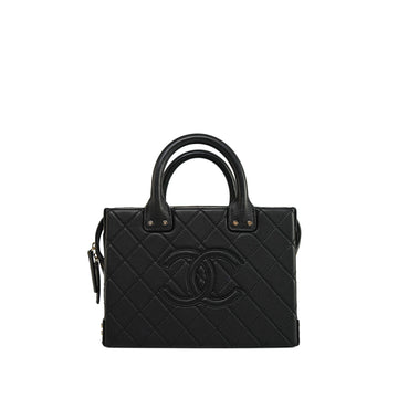 22B Black leather Quilted Handle Vanity Case Light Gold Hardware
