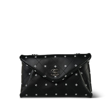 Black leather Quilted CC Printed Envelope Flap Bag Clutch With Chain SHW