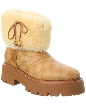 Celine Bulky Cropped Triomphe Leather & Shearling Boot