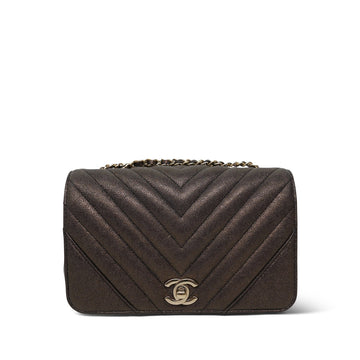 19A Brown iridescent leather Chevron Quilted Full Flap Bag LGHW