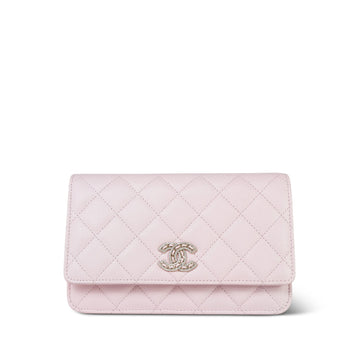 22S Light Pink leather Quilted Crystal CC Wallet on Chain WOC LGHW