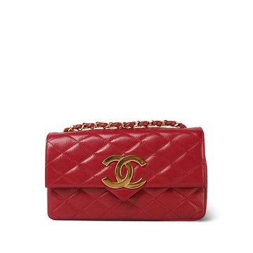 Red leather Quilted Rectangular Push Lock Single Flap Gold Hardware
