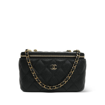 Black leather Quilted Classic Vanity Case With Chain Light Gold Hardware