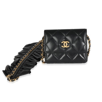 Top Quality Chanel Black Quilted Leather Ruffled Card Holder On Chain
