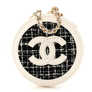 Tweed Quilted Round Filigree Pouch With Chain White Black
