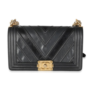 Top Quality Chanel Black Calfskin Leather In The Mix Chevron Old Medium Boy Bag