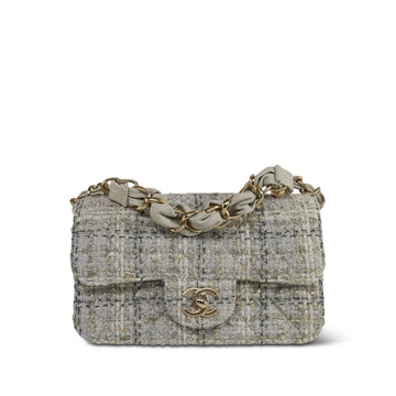 25B Grey Gold Tweed Quilted Chain Top Handle Mini Single Flap LGHW