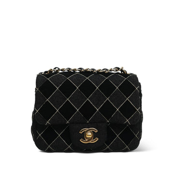 Black Velvet & Tweed Diamond Quilted Mini Square Flap Light Gold Hardware