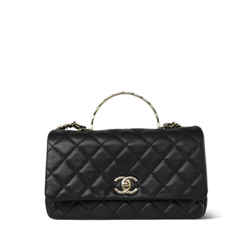 25S Black leather Quilted Coco Crush Top Handle Single Flap Light Gold Hardware