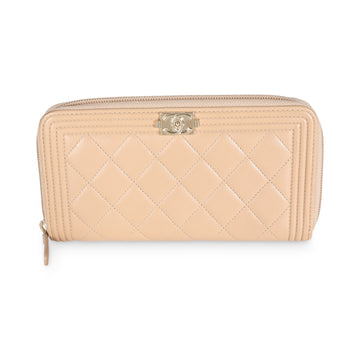 Top Quality Chanel Beige Quilted Leather Zip Around Boy Wallet