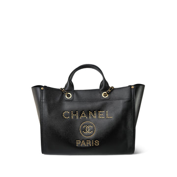 Black leather Quilted Deauville Shopping Tote Medium Studded Light Gold Hardware