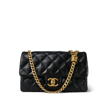 Black leather Quilted Pillow Crush Single Flap Aged Gold Hardware