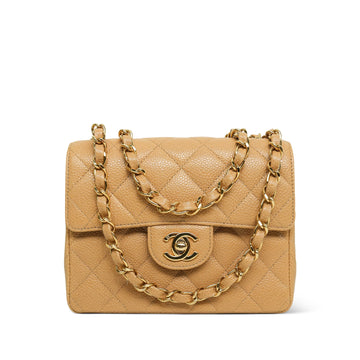 Beige leather Quilted Mini Square Flap Gold Hardware