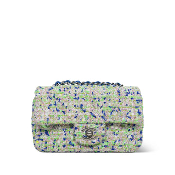 White/Multicolor Tweed Quilted Mini Rectangular Flap Aged Silver Hardware