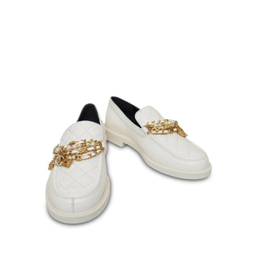 22P White leather Quilted Aged Gold CC Charms Loafers Size 35