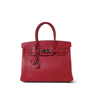 Birkin 30 Rouge Vif Ostrich Palladium Plated T Stamp