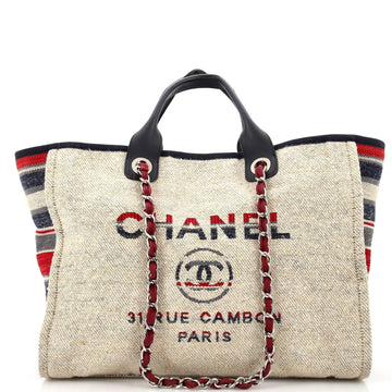 CHANEL Deauville Tote Canvas with Striped Detail Medium
