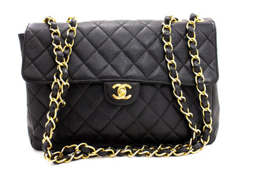 CHANEL Jumbo Leather 11" Large Chain Shoulder Bag Flap Black Quilt e23