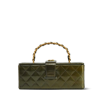 Green Patent Quilted Vanity Box Top Handle Aged Gold Hardware
