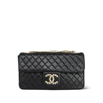 Black leather Quilted Westminster Pearl Flap Bag Light Gold Hardware