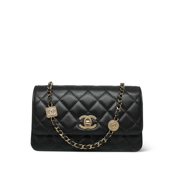 24K Black leather Quilted Wallet On Chain CC Crystal Charm Chain WOC LGHW