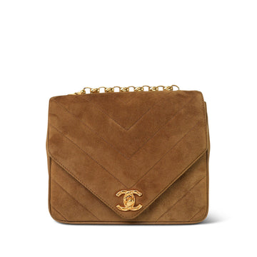 Brown Suede Chevron Quilted Square Single Flap Aged Gold Hardware