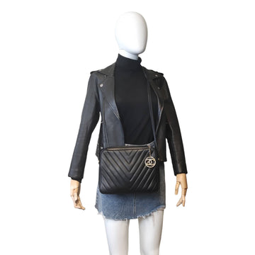 Chanel Chevron Shoulder Bag Black Leather