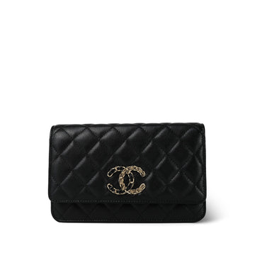 20K Black leather Quilted Wallet on Chain French New Wave Chain CC WOC Light Gold hardware