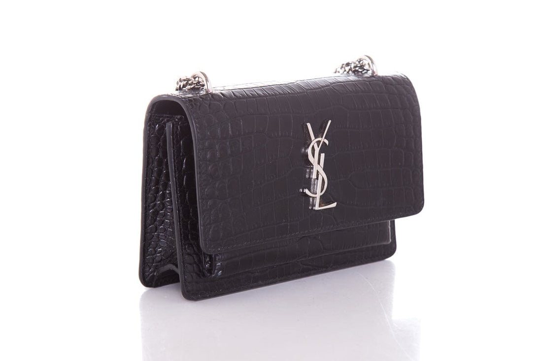 Saint Laurent SUNSET Black Embossed Croc Cross-Body W/ Silvertone Hardware