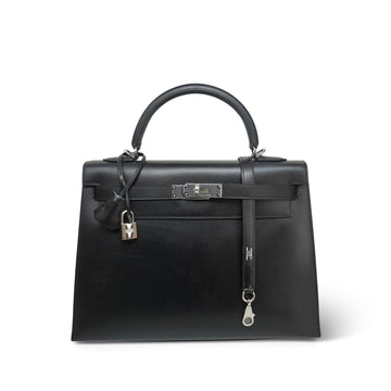 Kelly 32 Black Box leather Palladium Plated J Square Stamp