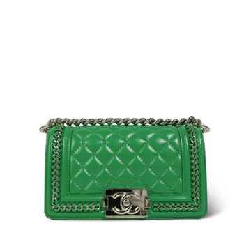 Green leather Quilted Chain Around Boy Bag Small Silver Hardware