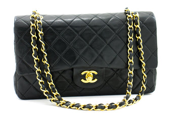 CHANEL Classic Double Flap 10" Chain Shoulder Bag Black Leather i71