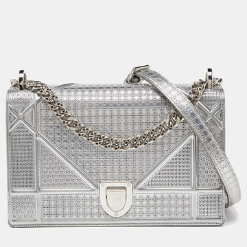 Silver Microcannage Patent Leather Medium Diorama Flap Shoulder Bag