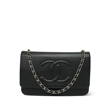 Black leather Timeless CC Wallet On Chain WOC Silver Hardware