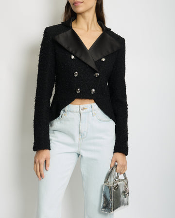 *HOT* Chanel 19/K Black Metallic Tweed Cropped Blazer with Satin Collar and Snowflake Buttons Details Size FR 38 (UK 10) RRP £5,800
