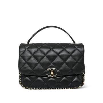 Black leather Quilted Chain Frame Enamel CC Flap Bag Small LGHW