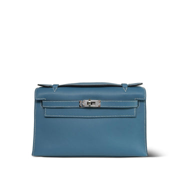 Kelly Pochette Bleu Jean Veau leather Palladium Plated J Square Stamp