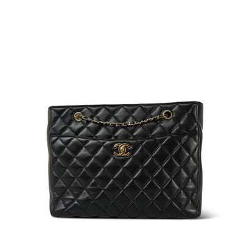 Black leather Quilted Turnlock Pocket Shopping Tote Large Brushed LGHW