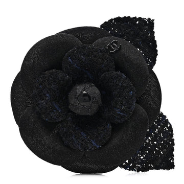 Tweed Fabric Camellia Pin Brooch Navy Blue Black