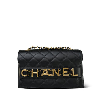 Black leather Quilted Enchained Logo Single Flap Bag Aged Gold Hardware