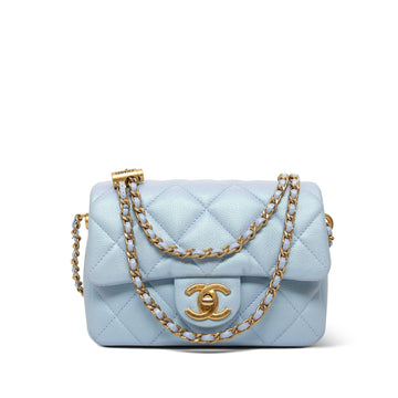 21K Iridescent Light Blue leather Quilted My Perfect Mini Flap Bag Aged Gold Hardware