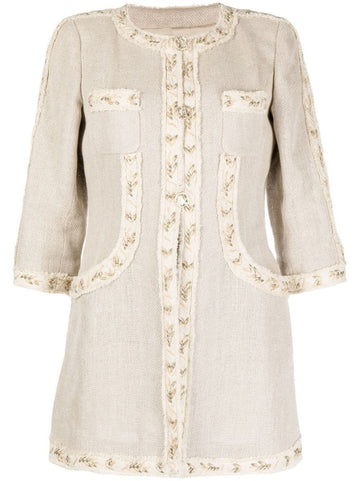 Beige Collarless Linen Coat